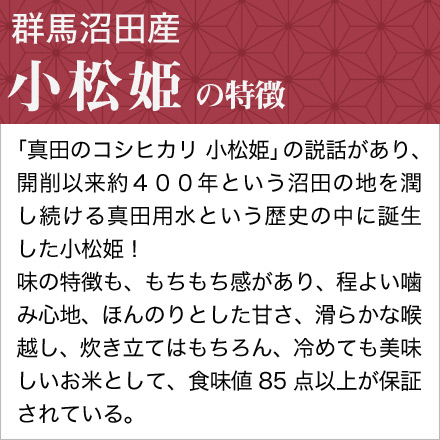 白米 群馬県沼田産 小松姫 〈コシヒカリ〉 900g 令和6年産