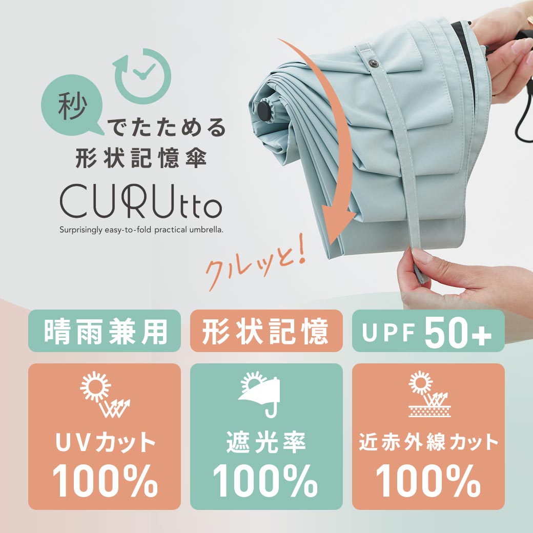 くるっと 畳みやすい傘 CURUtto クルット 手開き 形状記憶傘 晴雨兼用 完全遮光 日傘 折りたたみ傘 無地/切替 遮光率100% 遮蔽率100% 撥水 親骨50cm 紫外線カット UVカット