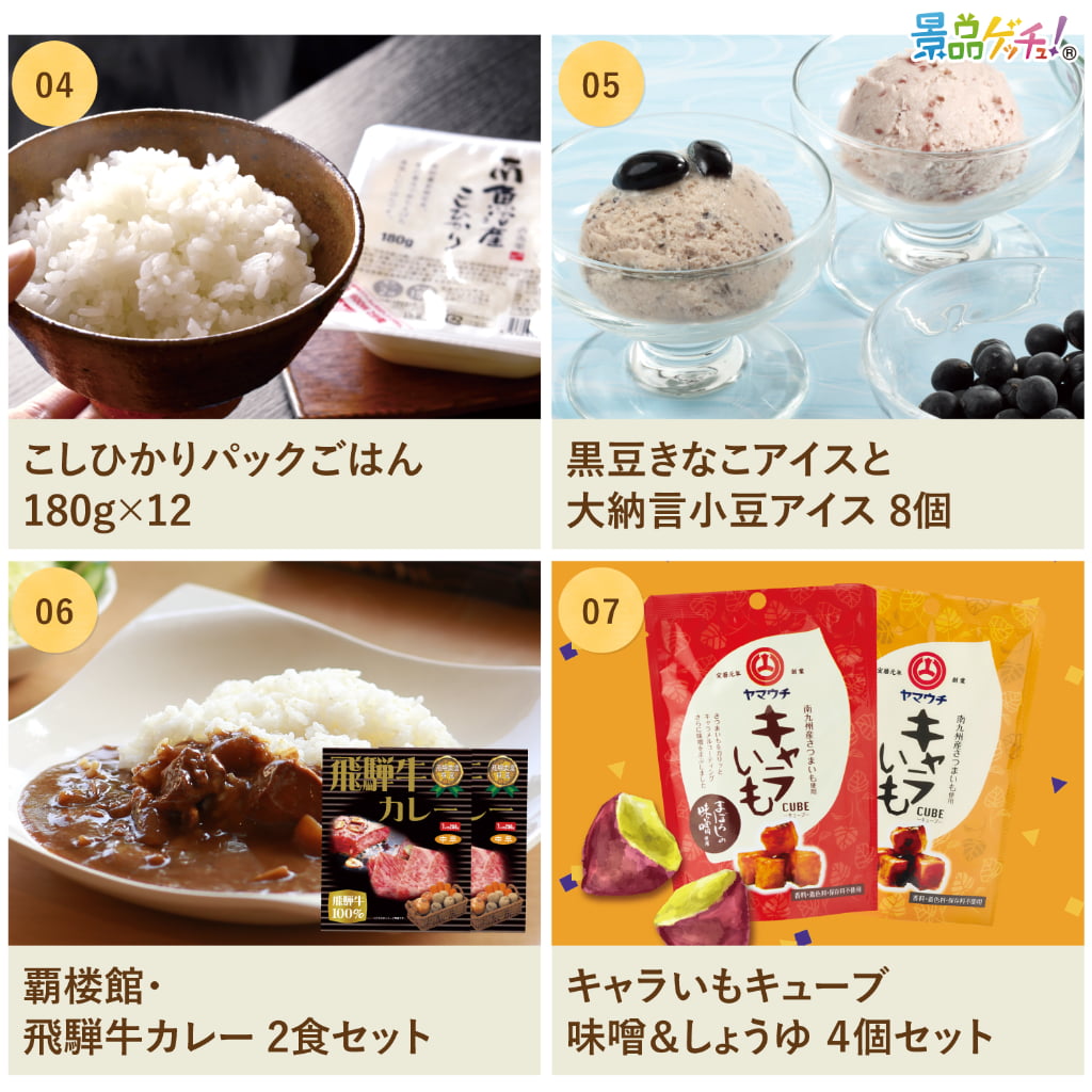 景品パネル・目録 【景品7点セット(松阪牛モモすき焼き /国産牛もつ鍋/元気豚 ハンバーグ/こしひかり/アイスなど）】（ セット景品 ） 景品ゲッチュ！
