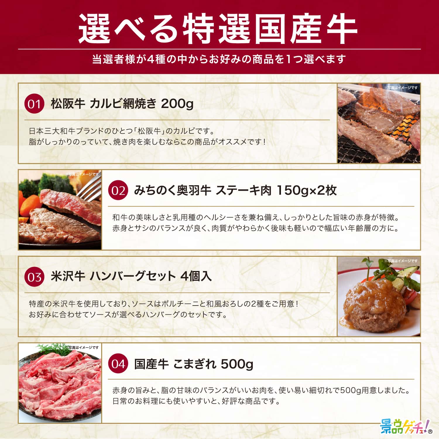景品パネル・目録 【 選べる特選牛（松阪牛/米沢牛 ハンバーグ/みちのく奥羽牛/国産牛） （ 単品景品 ） 】 景品ゲッチュ！