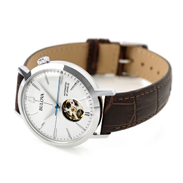 ブローバ クラシック エアロジェット 自動巻き 腕時計 ブランド メンズ オープンハート BULOVA 96A318 アナログ ホワイト ダークブラウン 白 おしゃれ 防水 プレゼント 男性 実用的