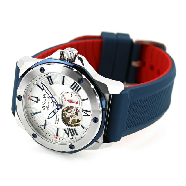 ブローバ マリンスター 自動巻き 腕時計 ブランド メンズ オープンハート BULOVA 98A225 アナログ ホワイト ネイビー 白 おしゃれ 防水 プレゼント 男性 実用的