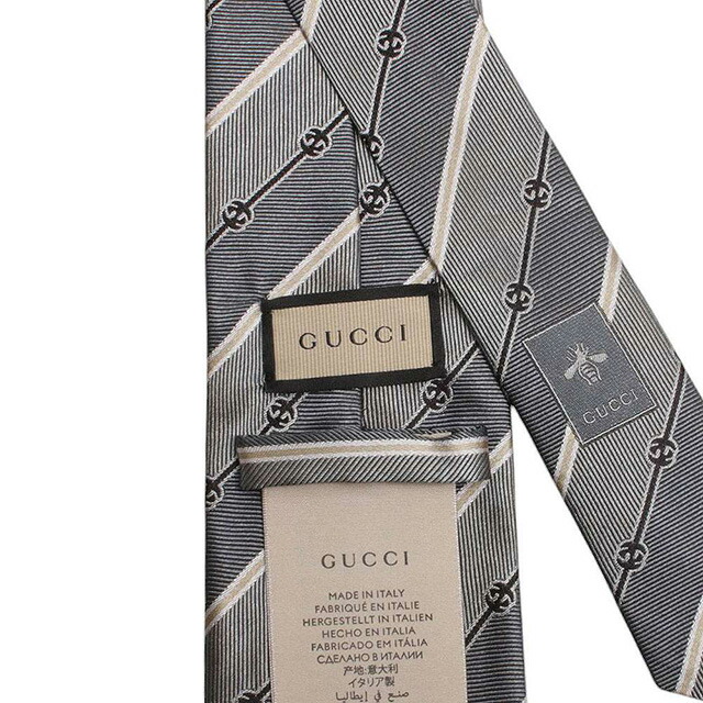 グッチ GUCCI ネクタイ 499696-4B002-1265 メンズ レジメ ストライプ シルク グレー、ゴールド ネクタイ ブランド