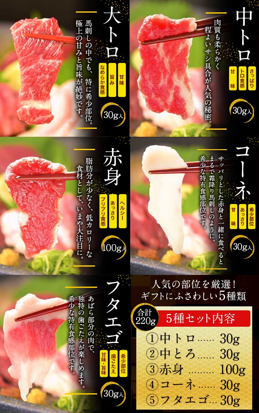 熊本 馬刺し 5種盛り 220g ギフト 贈り物 国産 馬肉 純国産 熊本肥育 【大トロ30g 中トロ30g 赤身100g コーネ30g フタエゴ30g】7-14営業日以内に発送予定