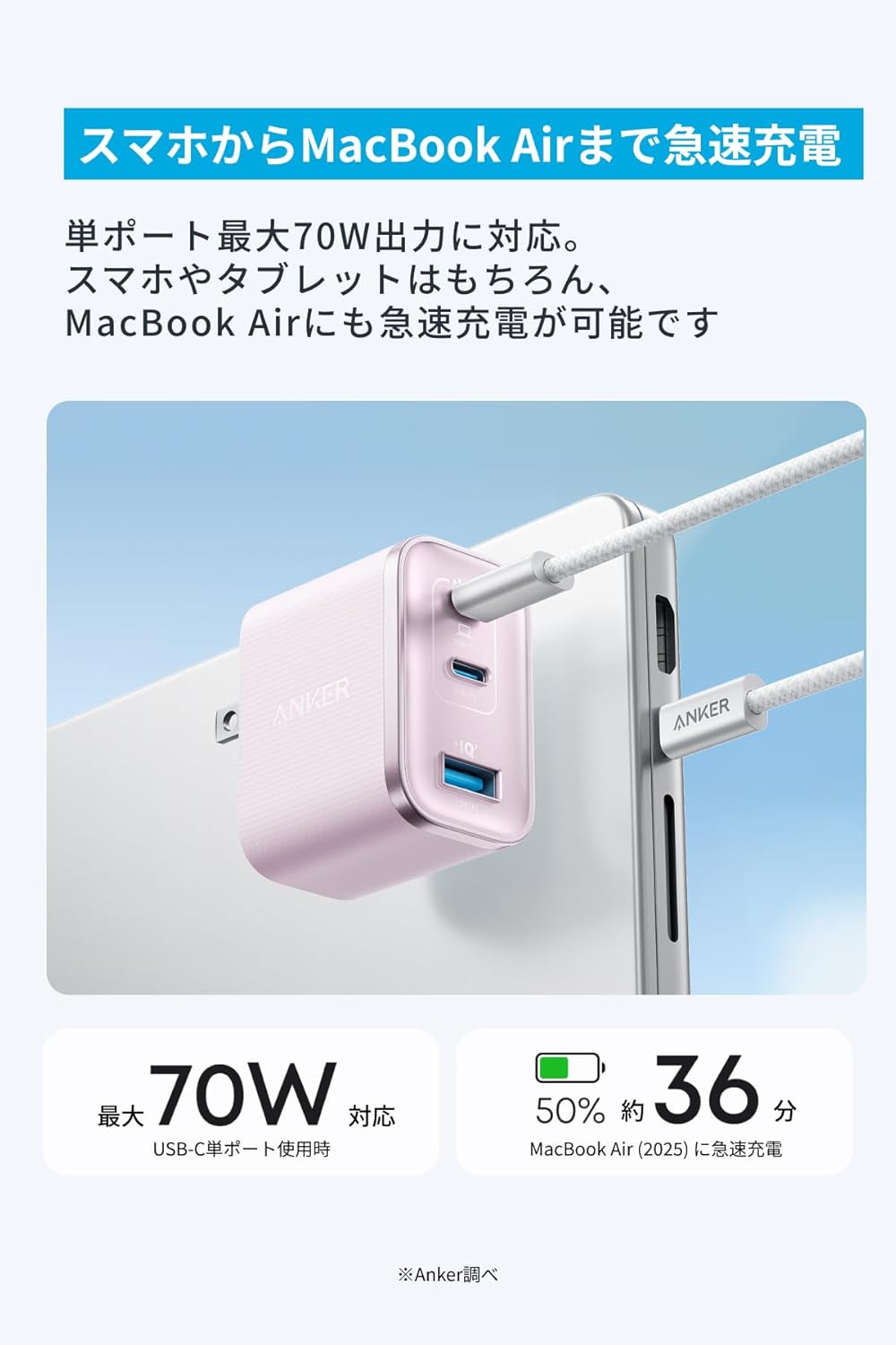 Anker Nano Charger (70W, 3 Ports) ピンク