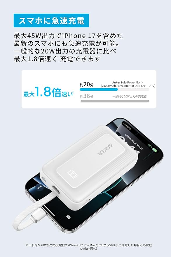 Anker Zolo Power Bank (20000mAh, 45W, Built-In USB-Cケーブル) ホワイト
