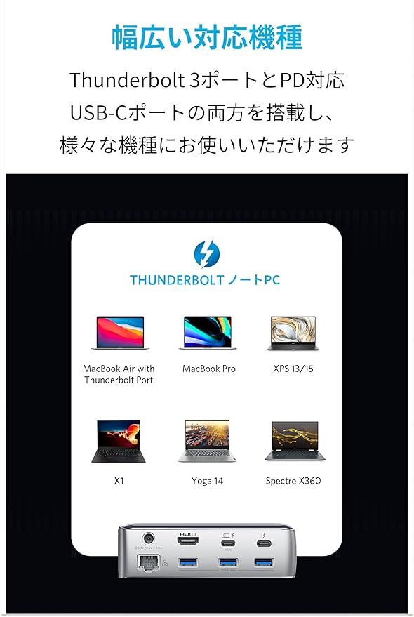 Anker PowerExpand Elite 13-in-1 Thunderbolt 3 Dock ドッキングステーション 85W出力 USB Power Delivery 対応 USB-Cデータ & 充電ポート USB-A 4K対応 HDMI 1Gbps イーサネット 3.5mmオーディオジャック microSD＆SDカード スロット搭載