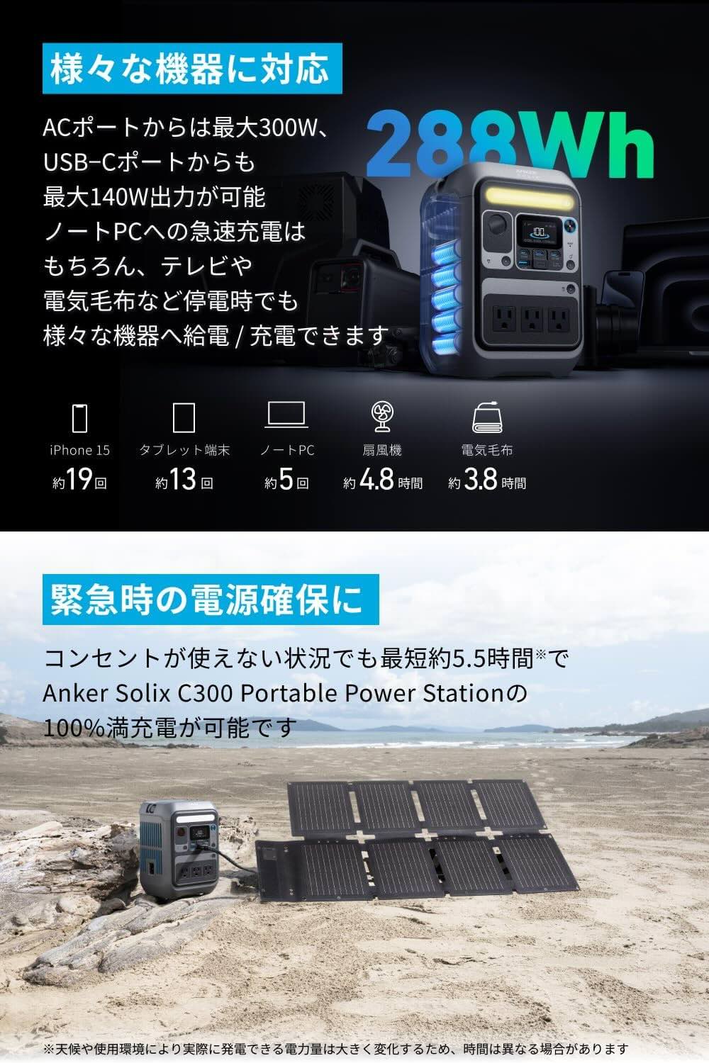 Anker Solix C300 Portable Power Station (ダークグレー) with Anker Solix PS60 Compact Portable Solar Panel