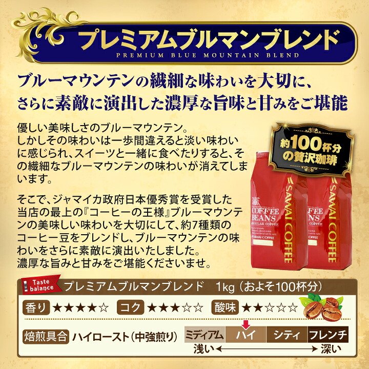澤井珈琲 世界が認めた最高級、ブルーマウンテンの贅沢 プレミアム ブルマンブレンド 500g×2袋 中挽き