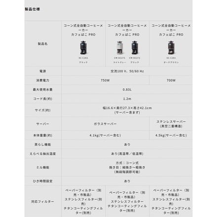 シロカ siroca コーン式全自動コーヒーメーカー カフェばこPRO SC-C281 こだわり挽き 抽出温度 挽き目調節 挽き時間調節 ミル単独 デカフェ 軽量不要 タンク取り外し スリム コンパクト 大容量