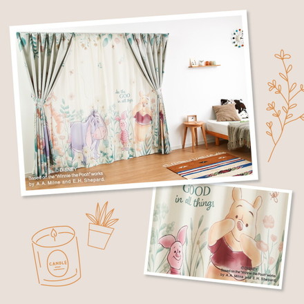 プーさん絵羽レースカーテン 2枚組 100×108cm UVカット 洗える 洗濯 プライバシー 目隠し フック付き