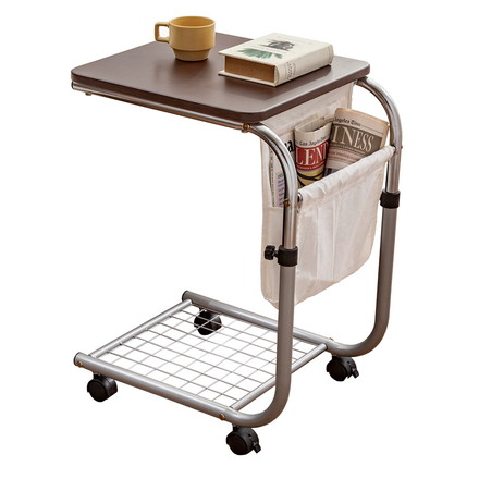 昇降式サイドテーブル 雑誌が入るポケット付き マガジンラック 高さ調節 キャスター付き ベッドサイド