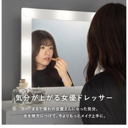 LEDライト付き 女優ドレッサー スツールセット 3色ライト 照明 丸型 ミラー 鏡 メイク 白 ホワイト