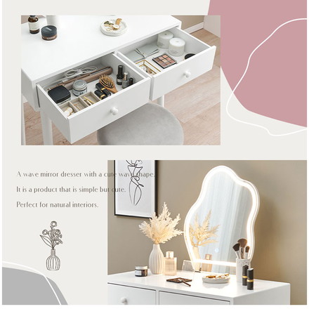 ドレッサー 幅75cm ウェーブミラー LEDライト付き スツール付き ドレッサーセット 引き出し 引出し デスク 机
