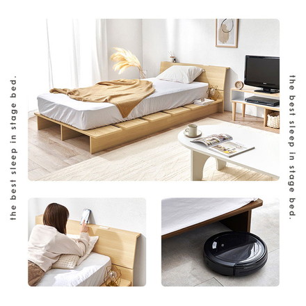お掃除ロボット対応 ステージベッド シングル ヘッドボード付き 頑丈 耐荷重350kg 余白がおしゃれ ローベッド ブラウン