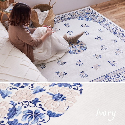 洗える 花柄フランネルラグ ミュゲ 円形 直径140cm 手洗いOK 滑り止め付き フェミニン シノワズリ 転写 韓国インテリア ブルー[240632503]