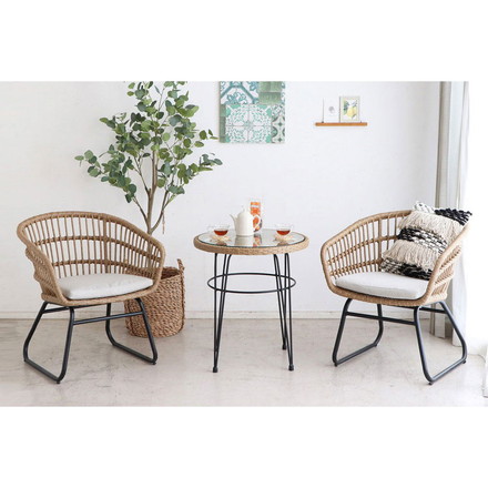 ラタン調 ガラス天板 カフェテーブル 幅59.5 スチール脚 PEラタン サイドテーブル