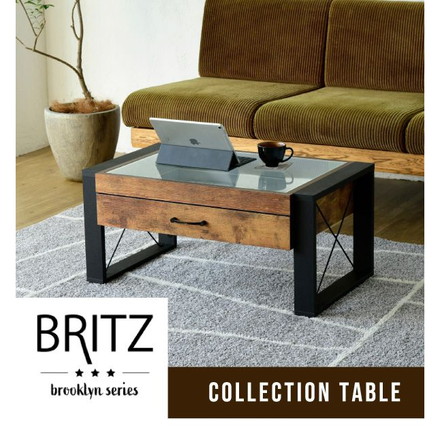 ヴィンテージ調 センターテーブル 75×50 引き出し ガラス天板 ローテーブル