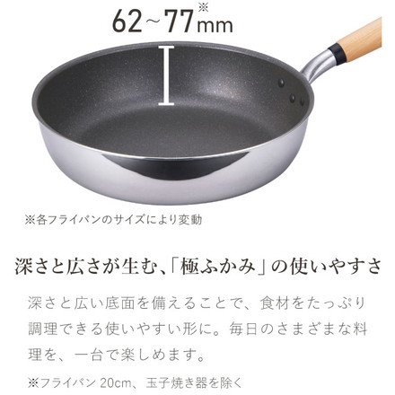 【選べる7サイズ/蒸し器セット】 極ふかみ 深型フライパン 日本製 PFOAフリー 卵焼き器 20cm 22cm 24cm 26cm 28cm 深型 炒め鍋 ガス火 IH対応 ディープパン 軽量 木柄 フッ素 北陸アルミニウム フライパン単品 20cm