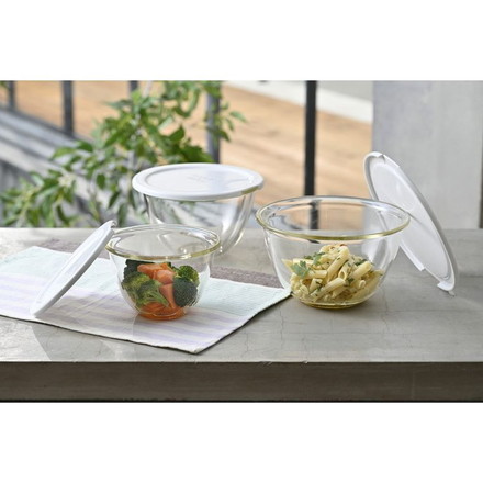HARIO ハリオ レンジフタ付き耐熱ガラス製ボウル 3個セット MXPF-4904-W 満水容量900ml 1500ml 2200ml ホワイト 電子レンジ フタ付き 耐熱ガラス製 ボウル 3個セット