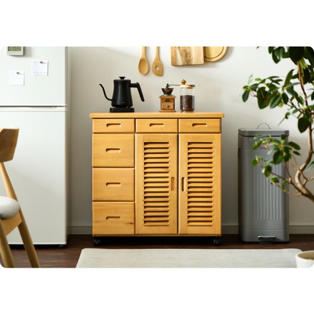 キッチンワゴン 完成品 幅75cm キャスター付き 天然木 ルーバーキッチンワゴン 大容量 引出し収納 扉収納