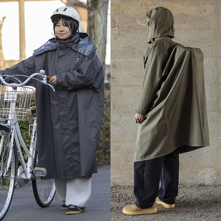 THE ROOTS レインポンチョ リュック対応 回転フード ヘルメット対応 男女兼用 収納袋付き レインコート オリーブグリーン L