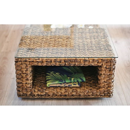 リビングテーブル 120cm幅 センターテーブル ガラステーブル ラタン バナナリーフ アジアン ナチュラル