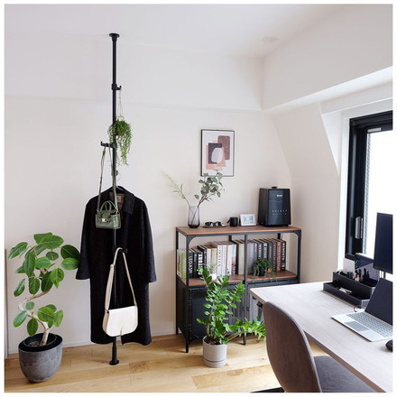 ポールハンガーセット フック大小1個入り コートハンガー 突っ張り棒 フック付き ハンガーラック ポールスタンド ブラック