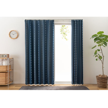 2級遮光 カーテン 7サイズ 北欧 洋風 ドレープカーテン タッセル付き ウォッシャブル ネイビー 幅100×長さ105cm2枚組