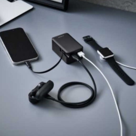 モバイルバッテリー エレコム 巻取リ式ケーブル一体 35W 10000mAh DE-C82L-10000BK 黒