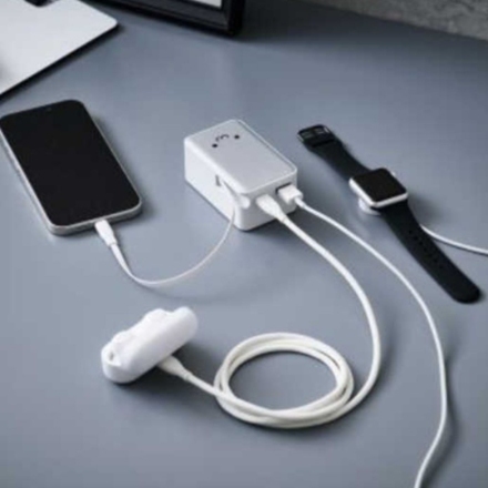 モバイルバッテリー エレコム 巻き取り式ケーブル一体型(10000mAh/35W) DE-C82L-10000WF 白×黒