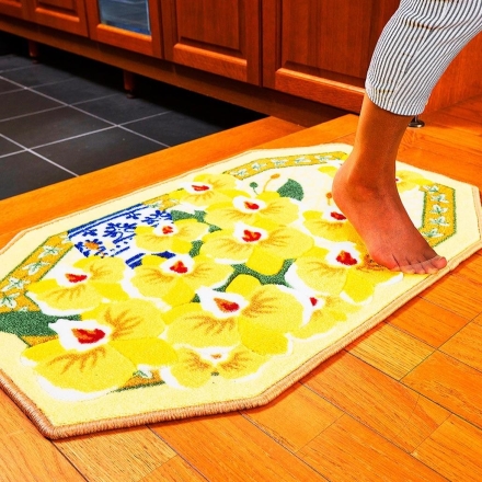 幸福の「黄色い胡蝶蘭」八角玄関マット 大判サイズ 70×120cm