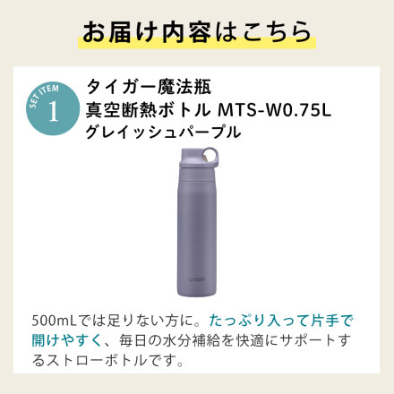 タイガー 真空断熱ボトル ストロータイプ MTS-W075VG グレイッシュパープル 0.75L＆ボトル洗い＆中栓洗い＆ストローブラシ＆ボトル洗浄剤 5点セット