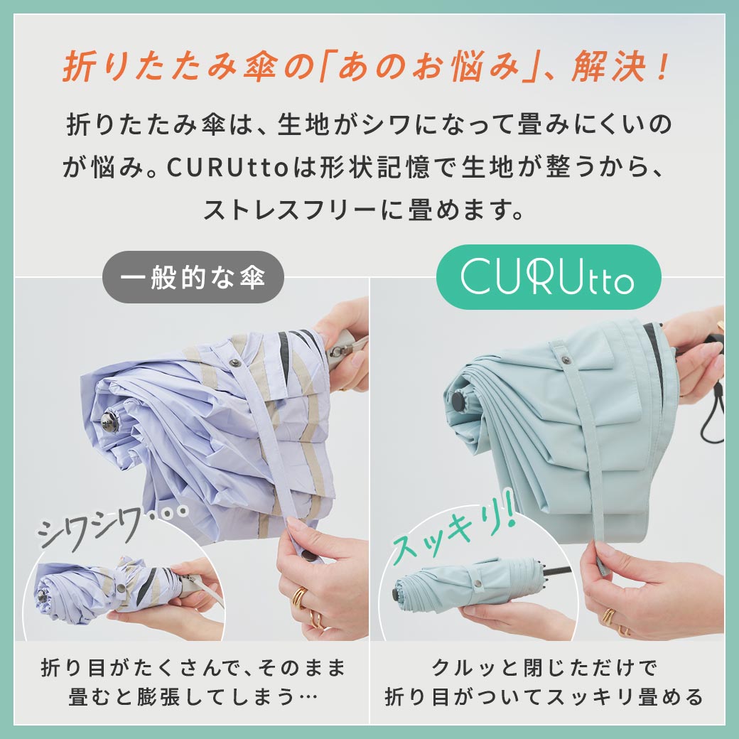 くるっと 畳みやすい傘 CURUtto クルット 手開き 形状記憶傘 晴雨兼用 完全遮光 日傘 折りたたみ傘 無地/切替 遮光率100% 遮蔽率100% 撥水 親骨50cm 紫外線カット UVカット