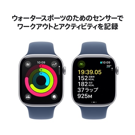 Apple Watch Series 10（GPSモデル）- 46mmシルバーアルミニウムケースとデニムスポーツバンド - S/M with AppleCare+