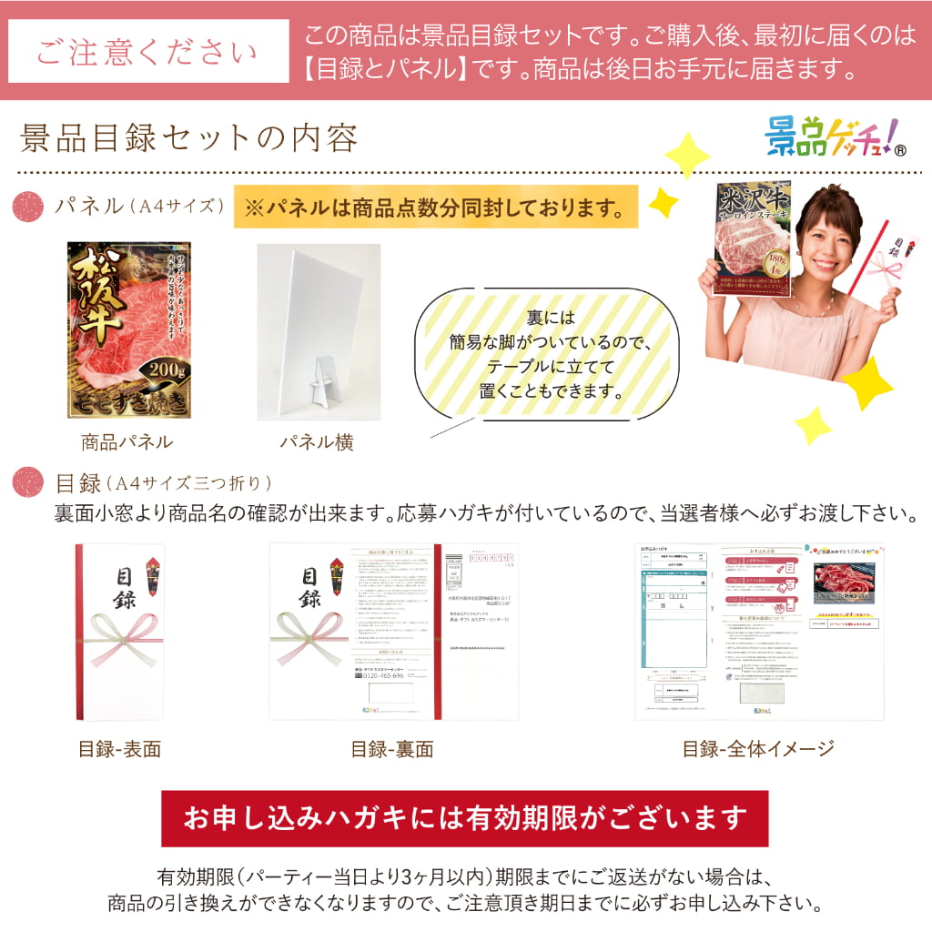 景品パネル・目録 【景品7点セット(松阪牛モモすき焼き /国産牛もつ鍋/元気豚 ハンバーグ/こしひかり/アイスなど）】（ セット景品 ） 景品ゲッチュ！