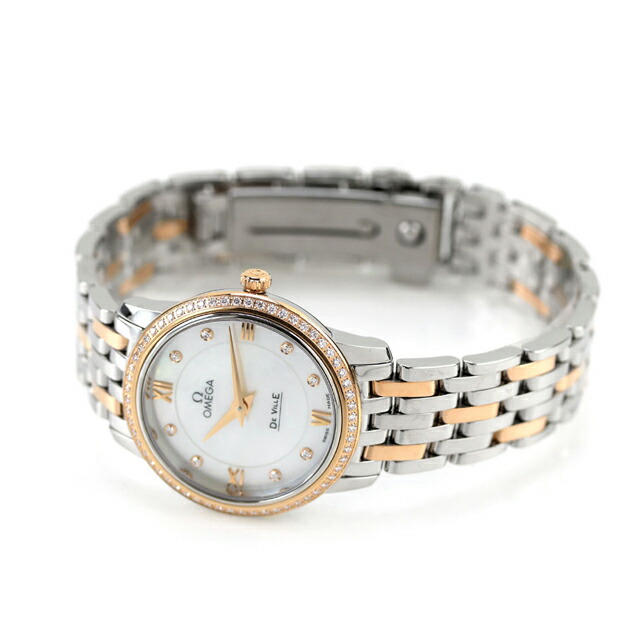 オメガ デ・ヴィル プレステージ 27.4mm クォーツ 電池式 腕時計 レディース ダイヤモンド OMEGA 424.25.27.60.55.002 アナログ ホワイトシェル シルバー レッドゴールド 白 スイス製 高級 ブランド おしゃれ 防水 軽い 華奢 プレゼント 女性 実用的