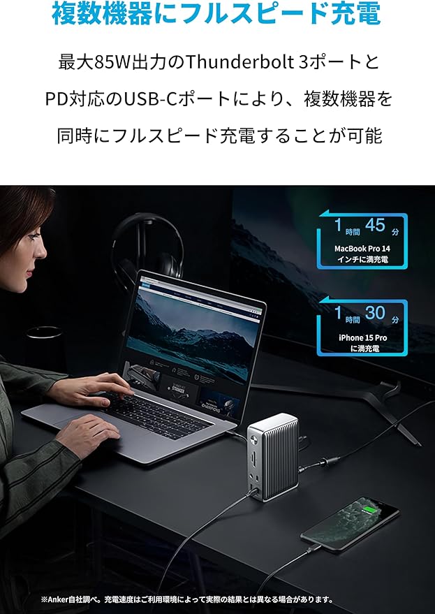 Anker PowerExpand Elite 13-in-1 Thunderbolt 3 Dock ドッキングステーション 85W出力 USB Power Delivery 対応 USB-Cデータ & 充電ポート USB-A 4K対応 HDMI 1Gbps イーサネット 3.5mmオーディオジャック microSD＆SDカード スロット搭載