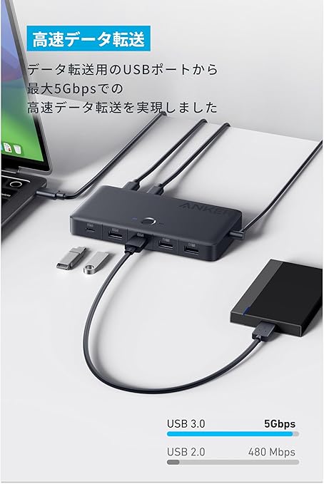 Anker KVM Switch (4K, For デスクトップ & ノートPC) 11-in-1 切替器100W PD対応 4K 60Hz HDMIポート 5Gbps高速データ転送 USB-A,Cポート搭載 ワンクリックで2台のパソコンを簡単切替 MacBook/iPad/Dell/Steam Deck 他対応