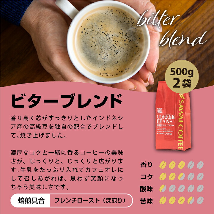 澤井珈琲 大人の嗜みにふさわしい、重厚な味わい ビターブレンド 1kg 500g×2袋 中挽き