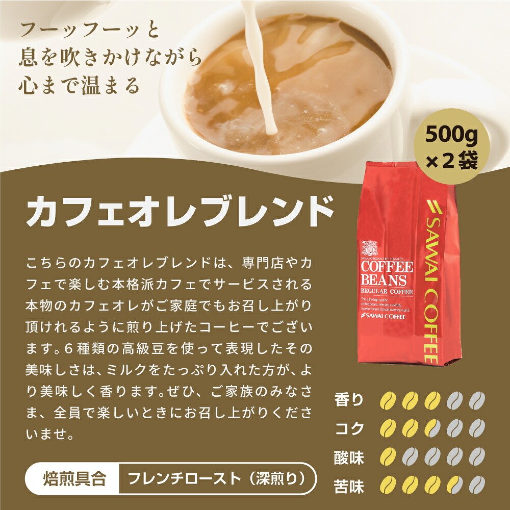 澤井珈琲 ミルクに負けない深いコクの珈琲 カフェオレブレンド 500g×2袋 中挽き