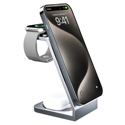 MICRODIA SNAPSTATION Aluminaire 23W 3-in-1 Wireless Charging Station w/Transparant Housing シルバー 52005