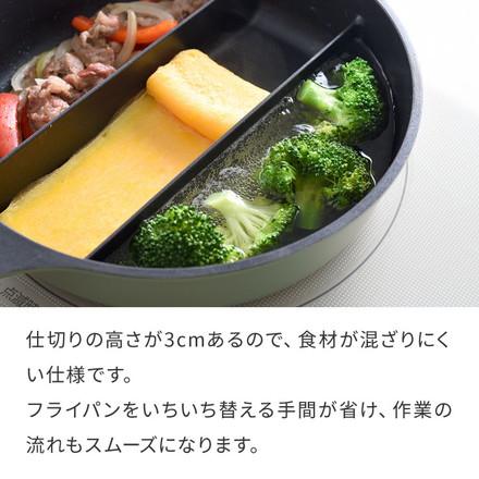 センターエッグトリプルパンmini 20cm 深型 仕切り付き フライパン IH対応 PFOAフリー お弁当 同時調理 時短 時短調理 焼き 茹で 玉子焼き器 卵焼き器 卵1個 コンパクト ソイビーン A-77912 ソイビーン