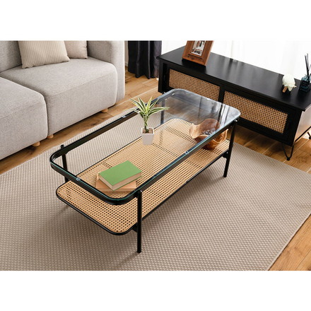 ガラステーブル ラタン 幅110cm リビングテーブル センターテーブル 籐 透け感 抜け感