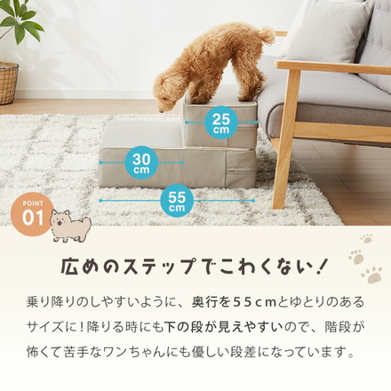ドッグステップ 2段 階段 PUレザー 撥水 滑り止め 幅55cm アイボリー