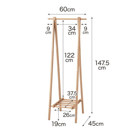 天然木 棚付きA型ハンガーラック 幅60cm ブラック×ブラウン