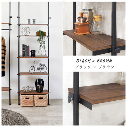 つっぱり ラック 幅70 突っ張り棚 収納 木目 突っ張り棒 棚 伸縮 調節 壁面収納 間仕切り ブラック/ブラウン