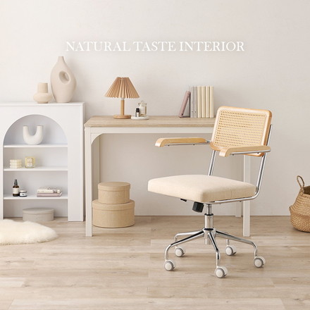 ラタン調 デスクチェア 肘付き かごめ編み PEラタン メッキフレーム 韓国インテリア オフィスチェア 椅子
