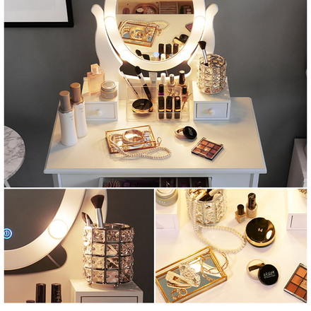 LEDライト付き エレガント 女優ドレッサー スツールセット 3色ライト 照明 ミラー 鏡 メイク 曲線脚 白