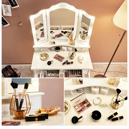 LEDライト付き エレガント 三面鏡 女優ドレッサー スツールセット 幅75cm 3色ライト 照明 ミラー 鏡 メイク